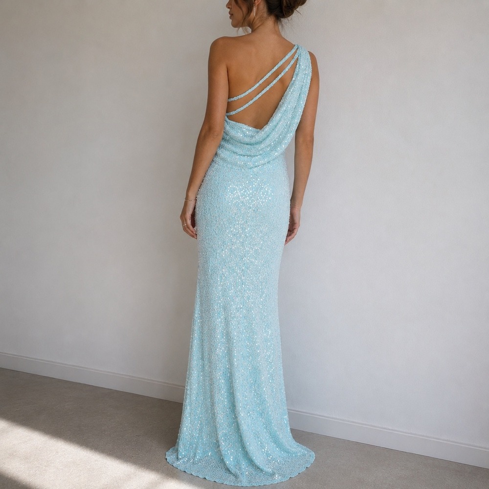 Mac Duggal Light Blue Sequin Gown One Shoulder Slit Size 6 Mermaid Prom Formal